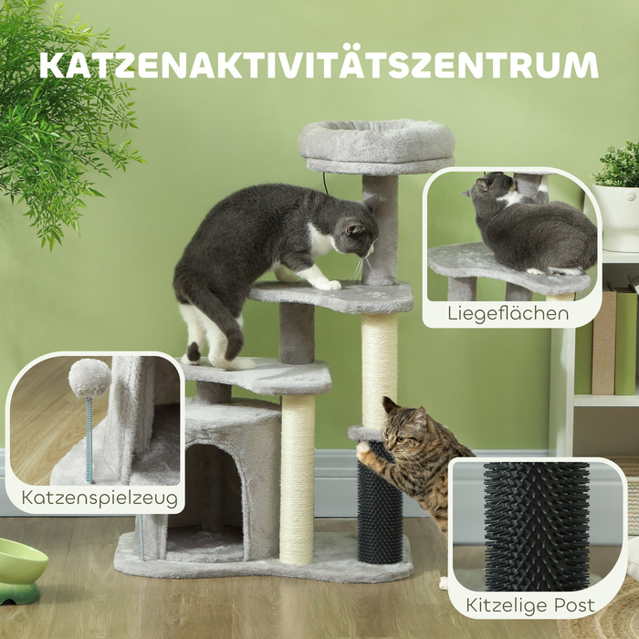 PawHut Комплекс для котів з когтеточкою, лежаком, іграшками, плюшем, 60 x 39 x 87 см, світло-сірий/кремовий