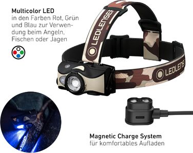Налобний ліхтар Ledlenser MH8 600 лм, акумуляторний, LED, чорний, фокусування, до 60 годин роботи, червоне/зелене/синє світло, можливість живлення 2xAA, для полювання та риболовлі