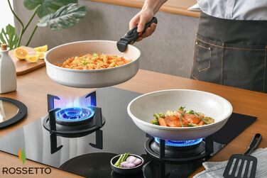 Набір посуду ROSSETTO 23 предмета з знімними ручками та керамічним антипригарним покриттям, складається для зберігання. Включає: каструлі, сковорідки, сотейники, казани. Без PFOA та PFOS.