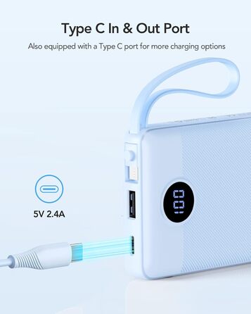 Power Bank VRURC 10000mAh з 4 кабелями: портативний акумулятор USB-C для iPhone, Huawei, Samsung та Android (синій)