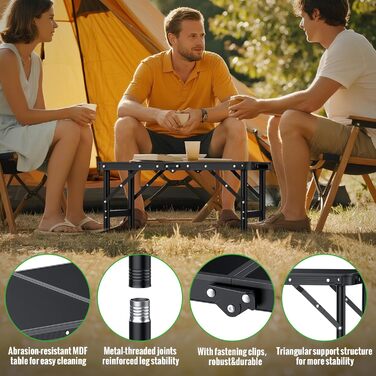 Складний кемпінговий стіл GARLLEN 60x40 см, регульована висота (27/51/75 см), чорний - для пікніка, саду, балкону, пляжу