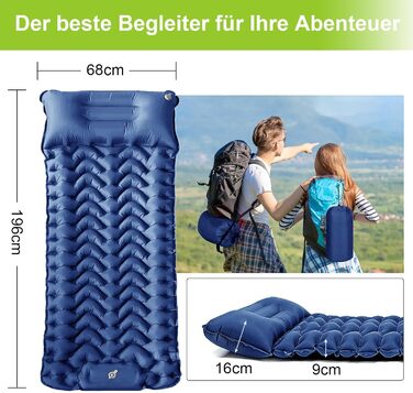 Каремат туристичний самонадувний Cunbayi з інтегрованими подушками та насосом для кемпінгу, пікніків, відпочинку на природі. Кольори: блакитний