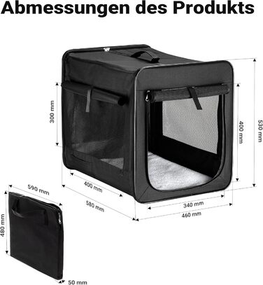 Транспортна переноска для собак та котів Wiltec, чорна, 58x46x53 см, складна, з подушкою
