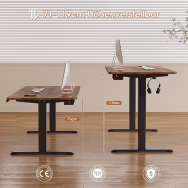 JUMMICO Height-Adjustable Desk 120x60cm, Standing Desk (71-119cm), Electric Height-Adjustable Desk with 2-Memory Control and Anti-Collision Function (Vintage Brown)