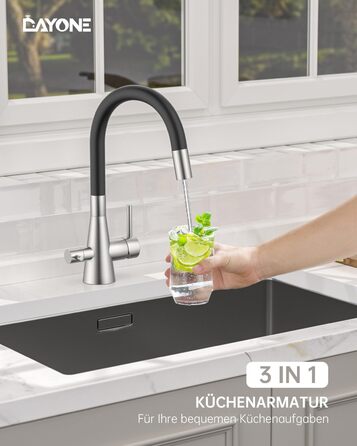 Кухонний змішувач Dayone з висувним виливом, нержавіюча сталь SUS304, високий тиск, 360° обертання, 2 функції, для кухні