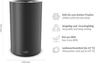 alfi SECCO, Stainless steel bottle cooler for 0.70 to 1l bottles, wine, sparkling wine, keeps drinks cool without condensation or ice cubes, cool drinks to the very last drop, dishwasher-safe, BPA-free (Velvet Black Mat, cylindrical)