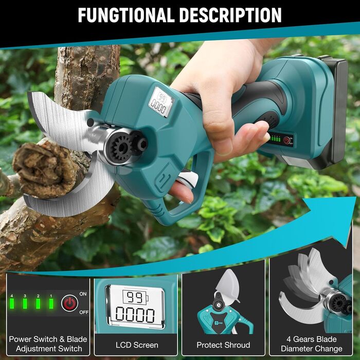Акумуляторний секатор професійний для Makita 18В, LCD дисплей, діаметр різу до 40 мм, для гілок, кущів і стовбурів (без акумулятора)