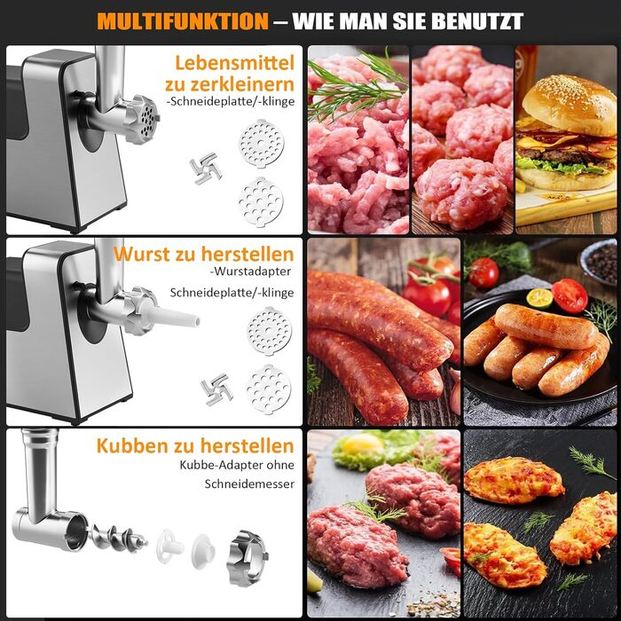 М'ясорубка електрична STANEW 4-в-1, 3500 Вт, 3 диски з нержавіючої сталі (4/8 мм, решітка), насадка для ковбас