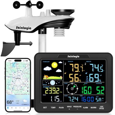 Метеостанція бездротова Sainlogic Weatherseed® з Wi-Fi, прогнозом погоди на 24/7 (ШІ), сповіщеннями в App/Email, цифровим анемометром та дощуміром, 2 роки зберігання даних - Чорний