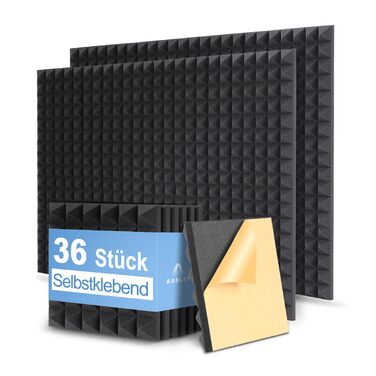 Акустичний поролон самоклеючий пірамідний, панелі для звукоізоляції та шумопоглинання, чорний, 30x30x5 см, 36 шт — для студії, офісу та дому