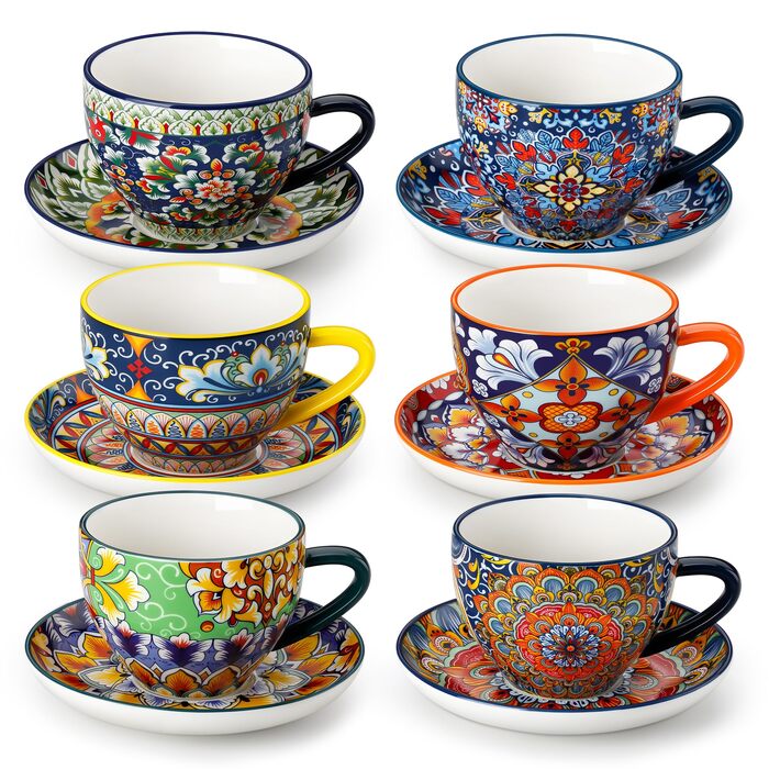 Набір кавових чашок капучино Vancasso SIMI (6 шт.) з блюдцями, 240 мл - фарфоровий посуд для 6 осіб, мікрохвильова піч, богемський стиль