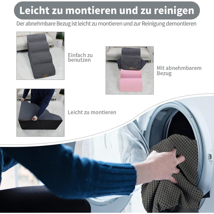 Non-slip Dog Stairs for Small Dogs 2-Step, Pet Stairs for Bed and Sofa made of High-Density Sponge, Dog Stairs Dog Ramp with Removable, Washable Cover and Non-Slip Bottom, 55x40x30cm (4 Steps Grey Dog Stairs)