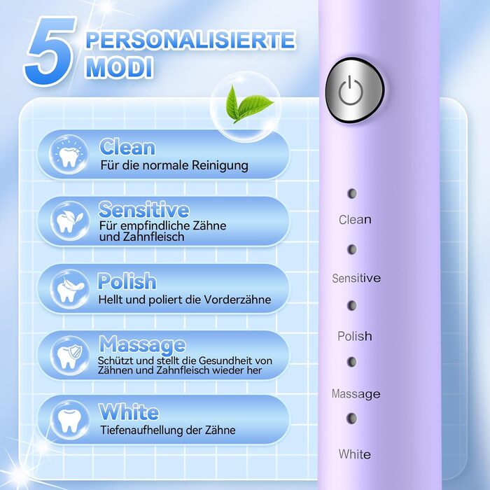 Електрична звукова зубна щітка JTF з очищувачем язика, 8 насадок, 5 режимів, функція пам'яті, таймер 2 хв, IPX7, швидка зарядка 3 год, для дорослих (блакитний) (фіолетовий + очищувач язика)