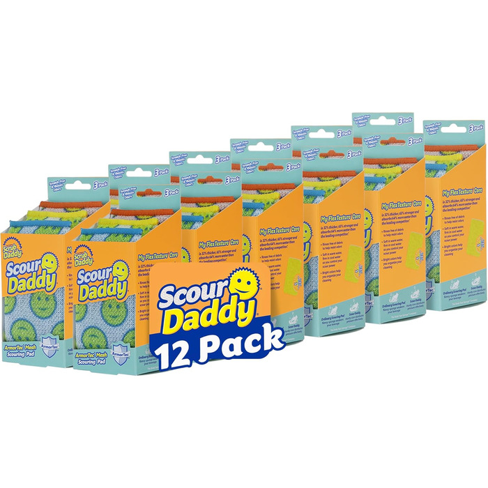 Scrub Daddy Scour Daddy Scrub Sponges for Various Surfaces, Scratch-Free Mesh Fabric, Does What Scrub Sponges Can't, Durable, Odor-Resistant, Scratch-Proof, 3-Pack (12-Pack)
