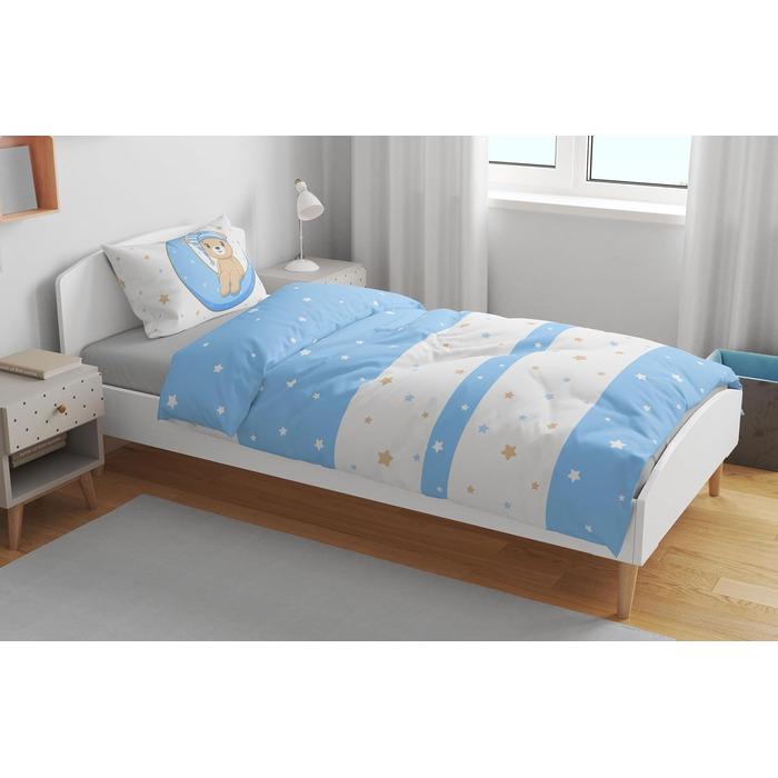 Дитяча постільна білизна One-Home Kinder для малюків 100x135 см + 40x60 см, ведмедики, зірки, місяць, блакитна мікрофібра