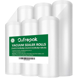 Вакуумні рулони для зберігання продуктів O2frepak, 6 шт. (3×20×600 см і 3×28×600 см), BPA-Free, вакуумні пакети для харчових продуктів та Sous Vide, сумісні з вакууматорами та зварювачами пакетів, загальна довжина 36 м