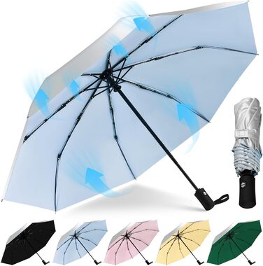 Зонт від сонця та дощу, 42/46 дюймів, штормостійкий, з 8 ребрами, для чоловіків та жінок (срібний/блакитний)