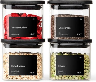 Скляні банки для зберігання KIVY, чорні, 4 шт по 400 мл, з кришкою, повітряно-щільні