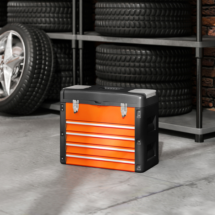 HOMCOM Empty Tool Box, 49.7 x 25.3 x 40.7 cm Tool Chest with 4 Drawers, Mini-Box, Top Storage Compartment, Handle, Steel Tool Case, Orange | Aosom