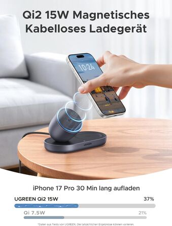 Зарядний пристрій бездротовий UGREEN 2-в-1 MagSafe 15W Qi2 для iPhone 17/16/15/14/13/12 та AirPods, кабель 1м (Чорний)