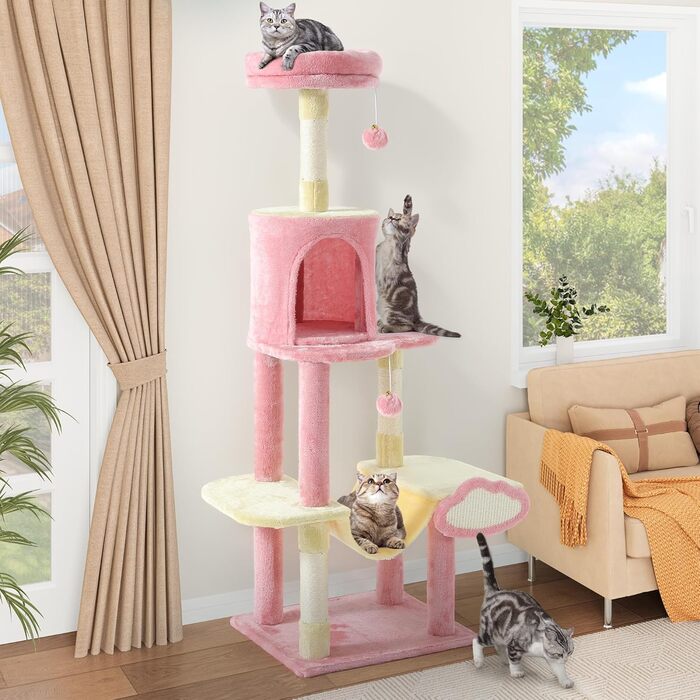 Кігтеточка YITAHOME XXL для котів, 142 см, рожева. З 8 стовпчиків сизалю, 3 платформ, 2 ховалок, гамаком, іграшками та дощечкою для шліфування кігтів.