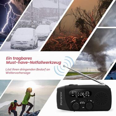 Сонячна радіостанція iRonsnow з ручним заводом, ліхтариком LED, 2000mAh AM/FM, USB зарядка, Powerbank, для походу, кемпінгу (Чорний)