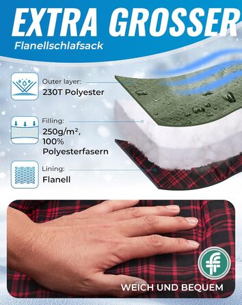 Сплячий мішок KingCamp XXL з бавовни фланель для дорослих, великий розмір, теплий, зимовий, для кемпінгу, подорожей та активностей на природі, 4-сезонний, 220x100 см, класичний оливковий колір