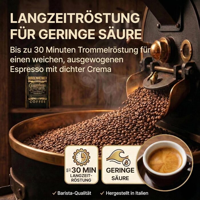 Кава в зернах GUGGENHEIMER COFFEE для автоматичних кавомашин, смак шоколаду та горіхів, Barista-якість, низька кислотність, 2 кг (4 x 500 г)