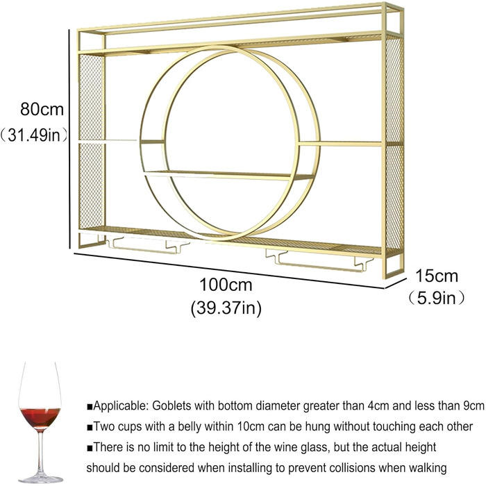 Настінна полиця для вина з металу, 100 см, золота, з утримувачем для келихів, LED-підсвічуванням, для бару, вітальні, кухні