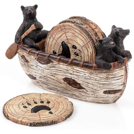 Bear Coasters Set of 6 Rustic Full Size Coasters in Handmade Canoe with Adorable Black Bear Figurines