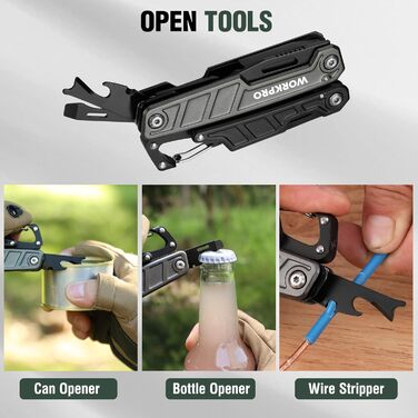 WORKPRO Мультитул 11-в-1: мультиінструмент з нержавіючої сталі з карабіном, плоскогубцями, кабелерізом, відкривачкою для пляшок, викрутками для відпочинку на природі. У комплекті чохол.