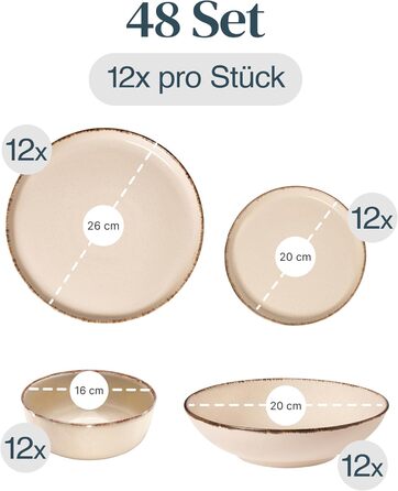 Набір посуду з каменю 12 осіб Rustic 48 предметів, Преміум якість, Стиль кантрі, Набір тарілок та мисок, Тарілька для сервірування, Набір Pure Living у бежевому кольорі 48 предметів