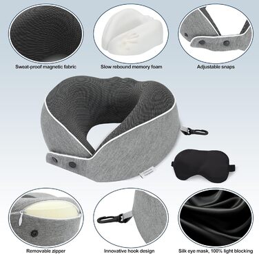 Подушка для шиї Comfy - для подорожей (літак, авто, поїзд) з регулюванням, Memory Foam, 3D-маска, сірий