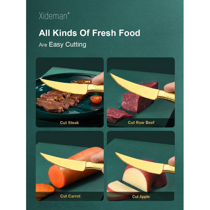 Набір столових приборів 24 предмети з нержавіючої сталі 18/10, золотий колір, на 6 осіб: ніж, виделка, ложка, з двостороннім зазубреним лезом, для посудомийної машини