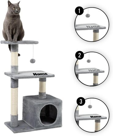 Cat Scratching Post with Cave and Plush Ball including Bell, Height 85 cm, Cat Tree with Sisal & Plush, Cozy Lounging Areas & Cave, Suitable for Small & Large Cats, (Light Gray (with name tag))