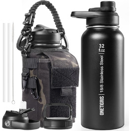 OneTigris Stainless Steel Water Bottle, 0.9L High Capacity, Insulated Sports Bottle for Cycling, Camping, Yoga, Gym, Softair, 32OZ (Camo Black)