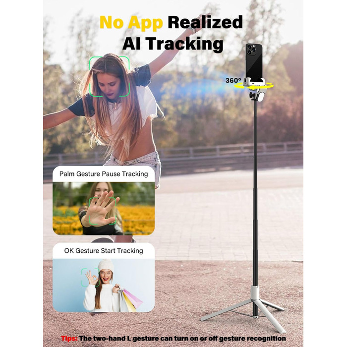 Стабілізатор для телефону AOCHUAN M2Pro, 4-в-1 RGB світло, тримач для смартфона, 108 см, чорний/білий