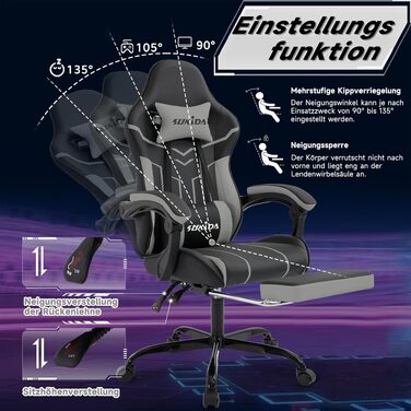 Ігрове крісло SUKIDA Ergonomic Gaming Chair з підставкою для ніг та підтримкою попереку, чорно-сіре