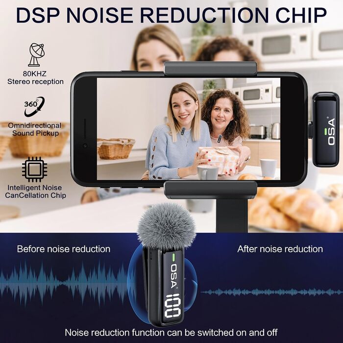 Бездротовий петличний мікрофон OSA: професійний комплект з двома мікрофонами, Plug-and-Play, для iPhone, Android, камери, ПК