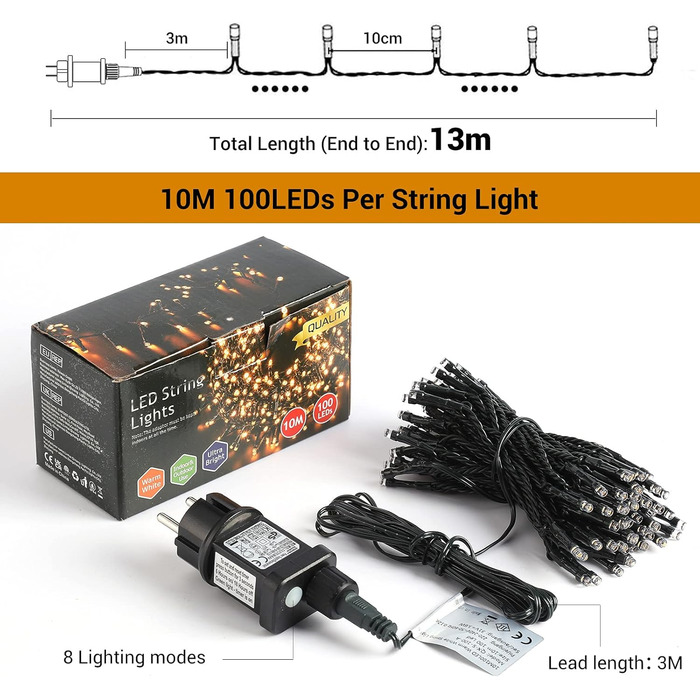 Гірлянда світлодіодна зовнішня 100 метрів, 1000 LED, теплий білий колір, для декору на Різдво, водонепроникна IP44, 8 режимів, для дому, вечірки, ялинки, балкону, тераси