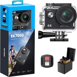 Екшн-камера AKASO EK7000 4K 30FPS, 20 МП, Wi-Fi, підводна, ультраширокий кут 170°, 2-дюймовий LCD, пульт 2.4G, 2 акумулятори, чорна