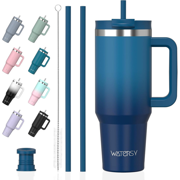 Термокружка WATERSY 1.2L з 2 трубочками, 1200 мл, зелена, з нержавіючої сталі, з вакуумною ізоляцією, без BPA, для кави та напоїв, з кришкою-гвинтовою, витримує до 12 годин, виготовлена з високоякісного матеріалу