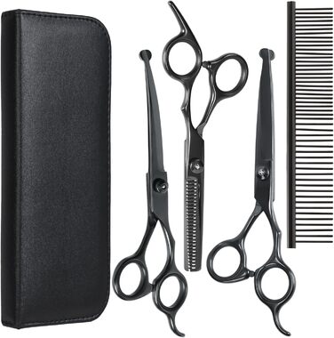 Професійні ножиці для грумінгу собак та котів: титанові, з округлими кінчиками, для грумінгу, з гребінцем (чорні)