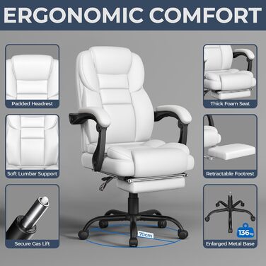 Ергономічне крісло Yaheetech для офісу, шезлонг з підставкою для ніг, комп'ютерне крісло з регульованими підлокітниками, висока спинка, регульована висота (Білий)