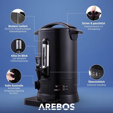 Електричний диспенсер для глінтвейну Arebos 8,8 л, 950 Вт, чорний, з піддоном, краном, термостатом і захистом від перегріву, температурний діапазон 30-110°C