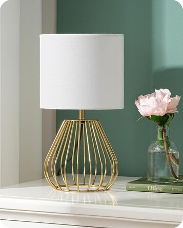 EDISHINE Настільна лампа, сучасний дизайн, індустріальний стиль, Е14 цоколь, вінтажна, для спальні/вітальні, бежево-чорна (льон + золото)