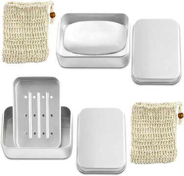 Алюмінієва мильниця з кришкою, підставка для мила та мішечок для мила з сизалю, нержавіюча сталь, для подорожей, підходить для твердого мила