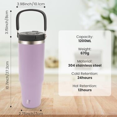 Термокружка Riley Joy 2.0 з нержавіючої сталі 1л з трубочкою та ручкою - для кави з собою, миється в посудомийній машині, не протікає, 1200 мл, фіолетовий