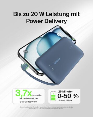 Повербанк Belkin BoostCharge 10000mAh з вбудованим кабелем USB-C, 20W, LED-індикатором, синій