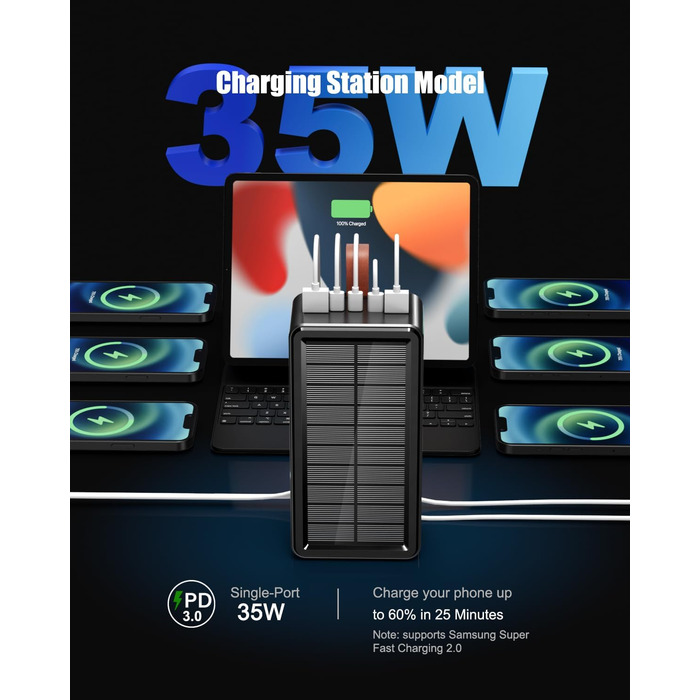 Портативний акумулятор 90000 mAh з сонячною панеллю, PD35W, QC 3.0, Wireless, USB-C, 6 виходів, LED дисплеєм, SOS ліхтарик для подорожей, кемпінгу, відпочинку на природі, чорний